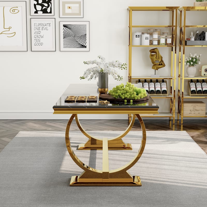 White and Gold Dining Room Table Set with 72 inch Table and White PU Leather Dining Chairs
