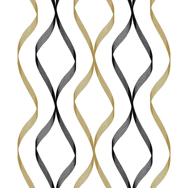 slide 2 of 22, NextWall Ogee Ribbon Peel and Stick Wallpaper 20.5 in. W x 18 ft. L - Metallic Gold & Ebony