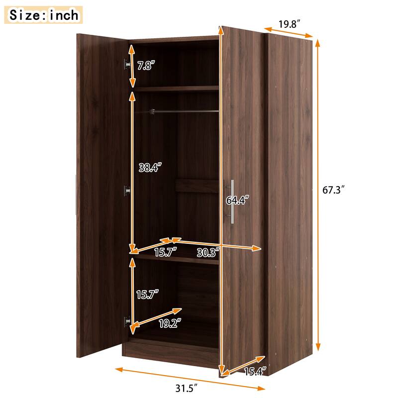 31.5" Rustic 2-Door Wooden Armoire with Hanging Rod and 3 Storage Shelves for Bedroom