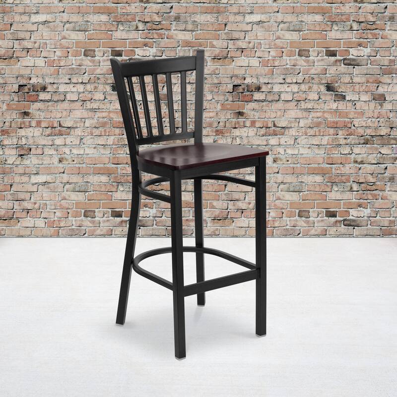2 Pack Vertical Back Metal Restaurant Barstool - Mahogany Wood Seat/ Black Metal Frame
