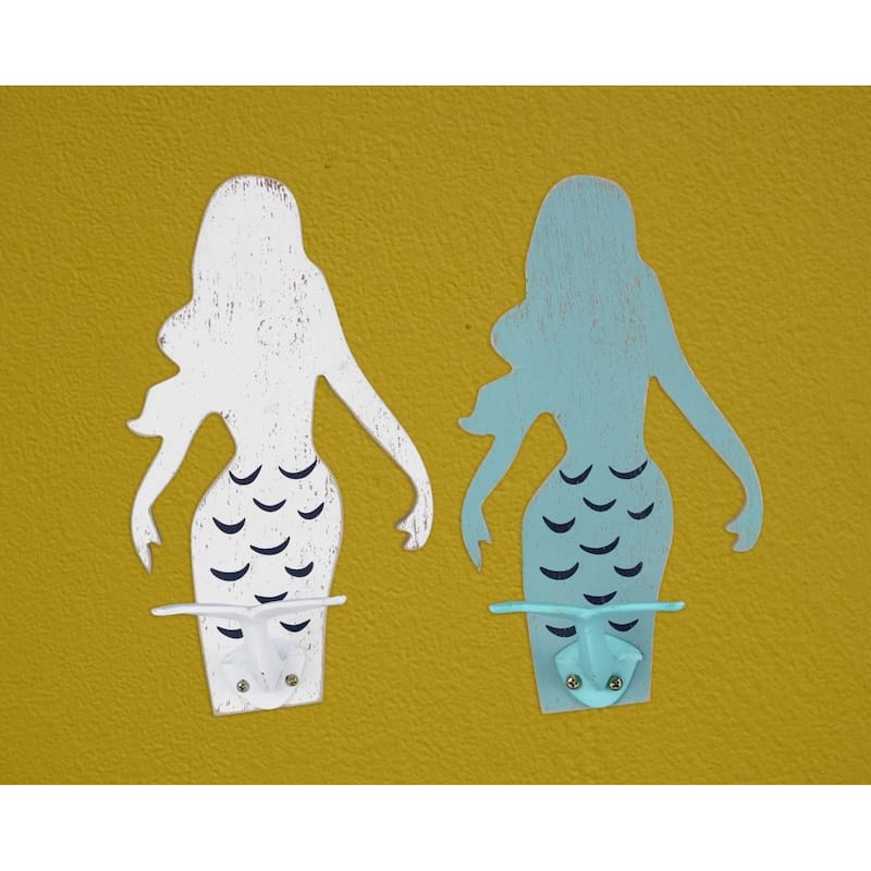 Blue and White Mermaid Tails Single Wall Hooks Set of 2 Wood and Metal - White,Blue