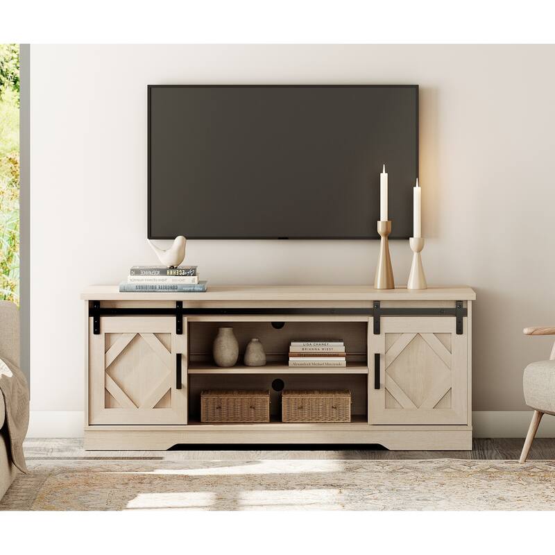 WAMPAT Sliding Barn Door 59-inch Wood TV Stand Storage Cabinet - 59" - Pale Oak