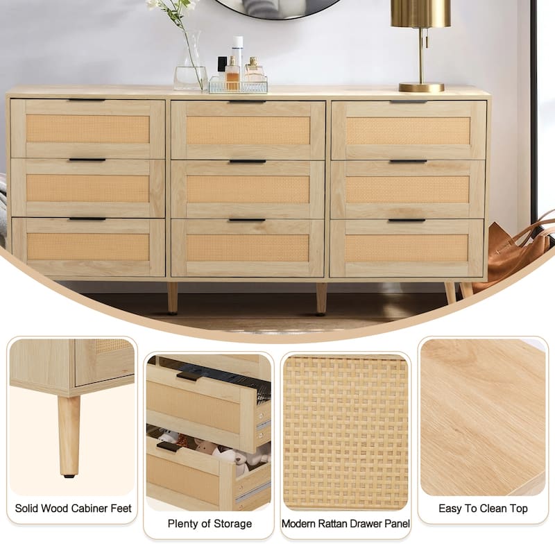 9 Drawers Rattan Chest Of Dresser Storage Tower Cabinet