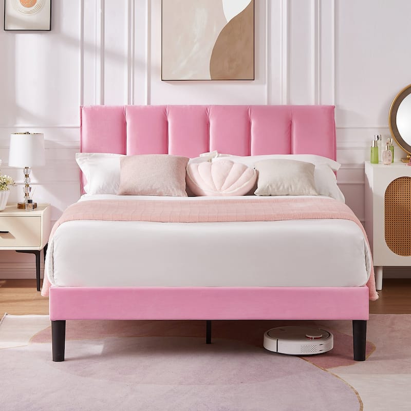 Javlergo Full Queen Velvet Upholstered Platform Bed with Adjustable Headboard Heavy-Duty Noise-Free Frame No Box Spring Needed
