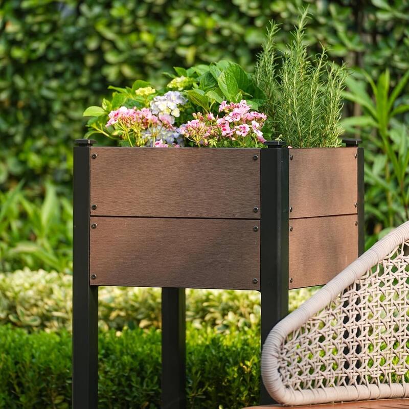49x49x85cm HDPE Elevated Garden Bed with Storage Shelf - Wood Grain Planter Box with Aluminum Frame
