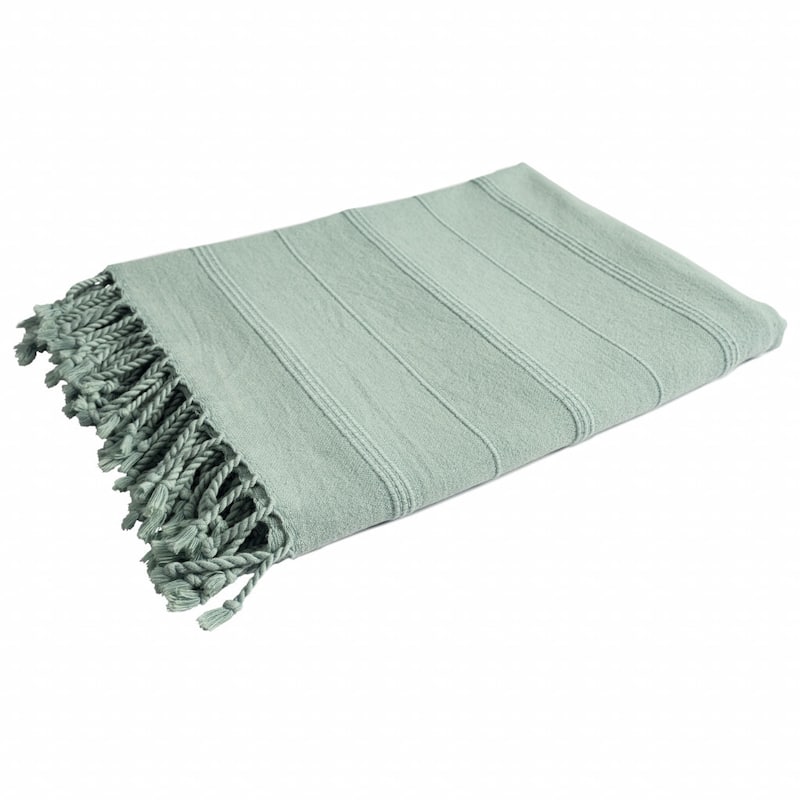 HomeRoots Green Woven Cotton Striped Throw Blanket
