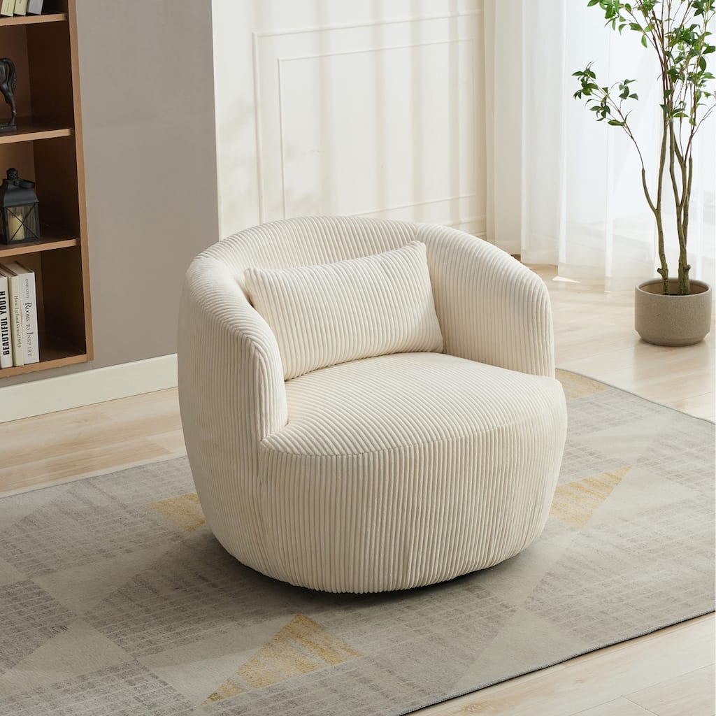 Roomfitters Swivel Barrel Accent Chair, Upholstered Corduroy Reading Armchair with Pillow for Living Room or Bedroom