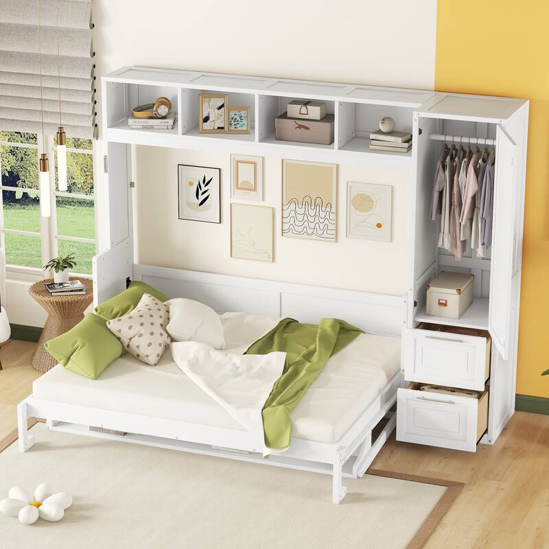 Queen Size Wall Murphy Bed with Open Shelves, Closet and Drawers