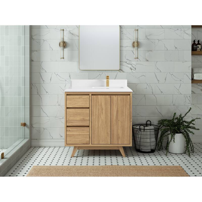 Willow Collections 36 in. W x 22 in. Madison Teak Single Right Offset Sink Bathroom Vanity with Countertop