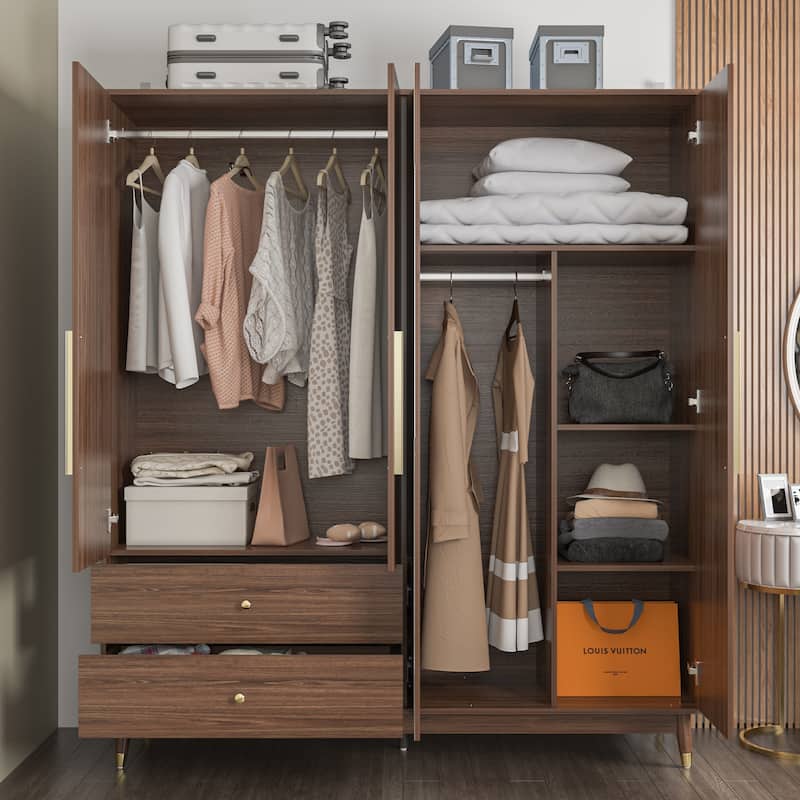Wooden 2 Drawers 4 Doors Wardrobe Armoire With Mirror (Gray/Black)