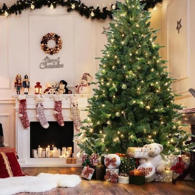 Lighted Artificial Christmas Tree，Hinged UL Tungsten Lights Christmas Tree- Stand Included