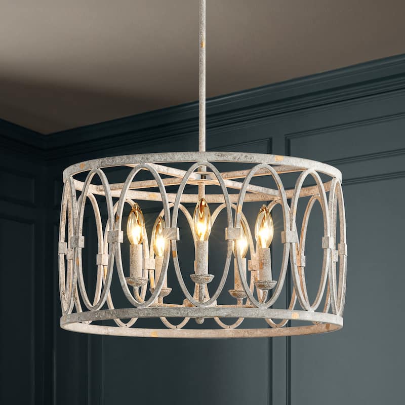 5-Light Industrial Antique White Geometric Drum Chandelier for Dining Room - 19.6 in. W x 11 in. H
