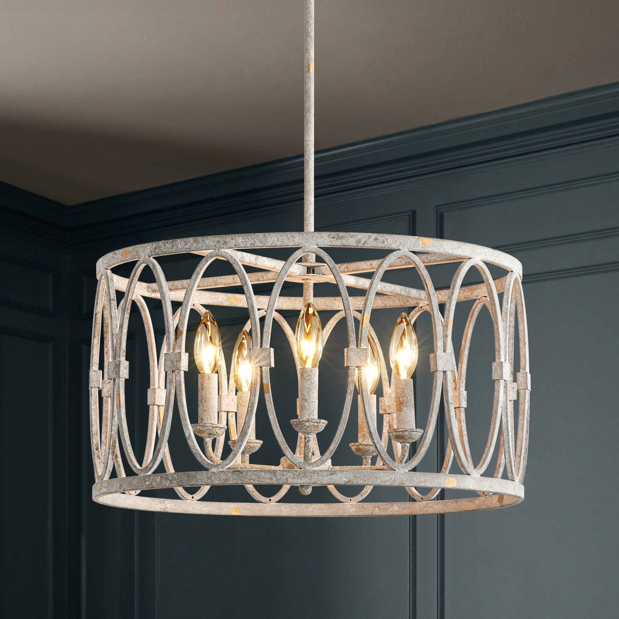 Rennnsan 5-Light Industrial Antique White Geometric Drum Chandelier for Dining Room - 19.6 in. W x 11 in. H