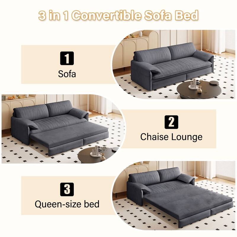 66" Queen Pull Out Sofa Bed, 3-in-1 Convertible Sleeper Sofa with Side Storage
