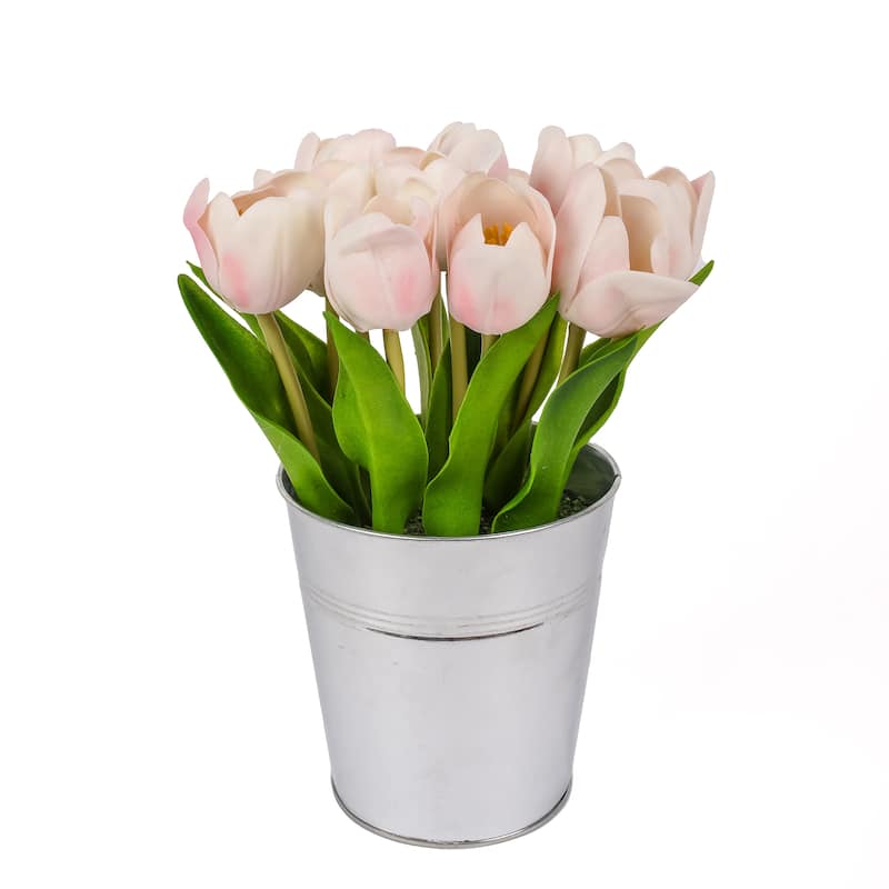 National Tree Company 9 in. Pink Tulip Bouquet in Metal Pot