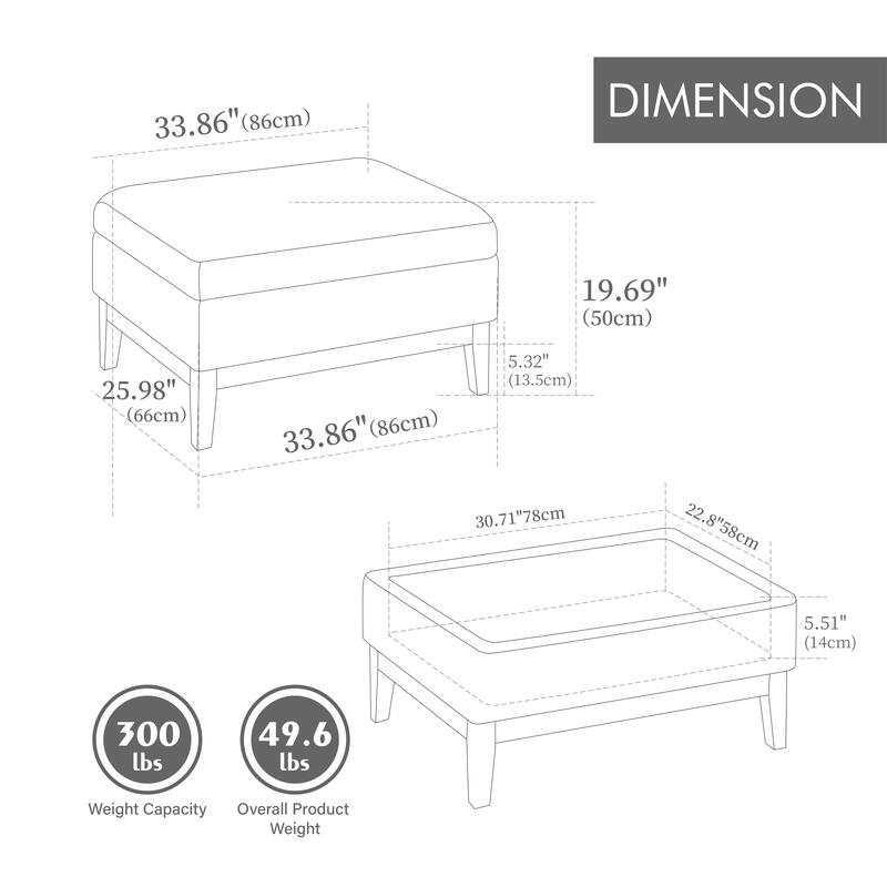 33.86"W Upholstered Wood Base Storage Ottoman With Reversible Lid Coffee Table, Foot Stool Square Footrest with Rubberwood Legs