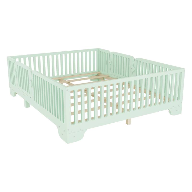 Kids Floor Bed with Safety Fence and Removable Door for Boys Girls