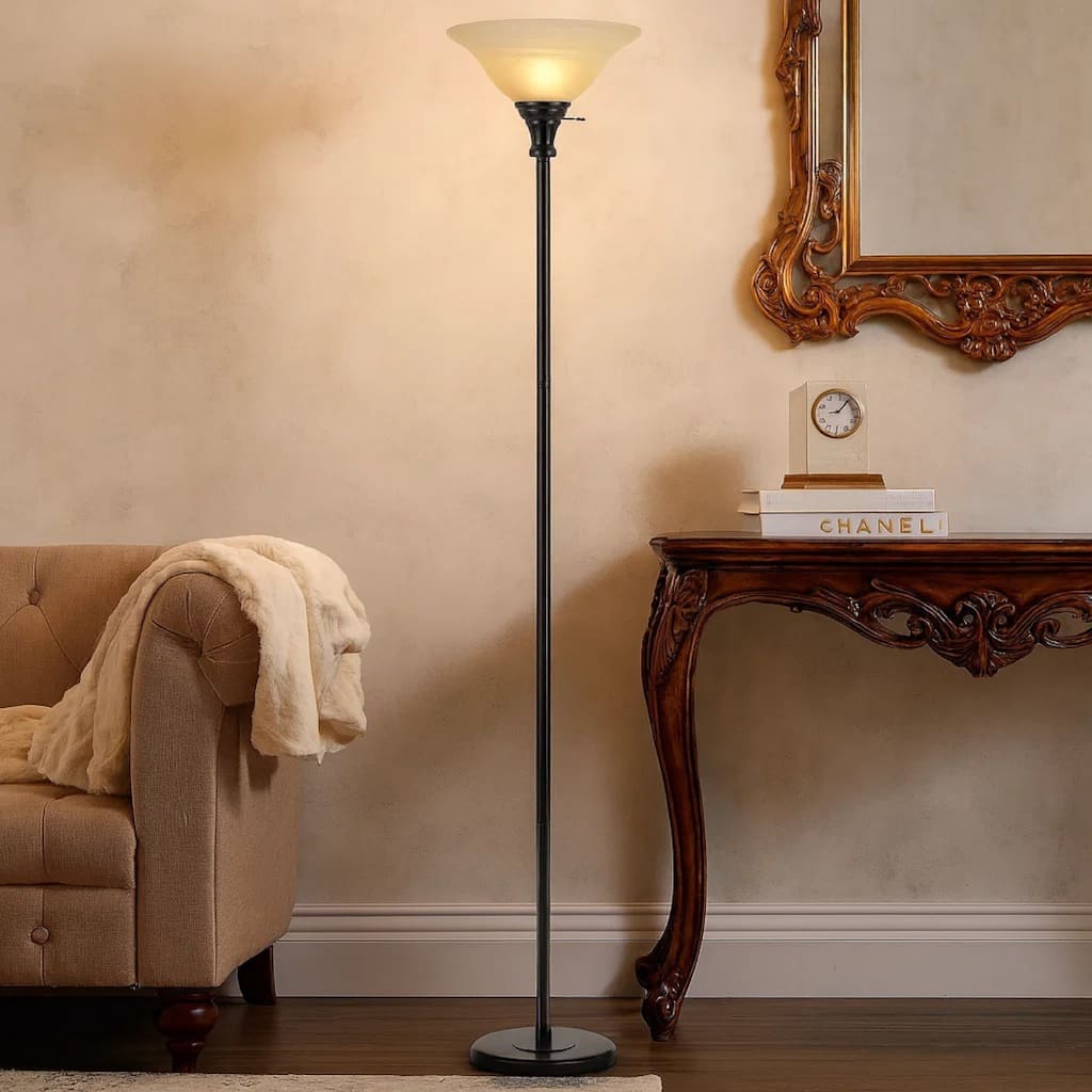 Metal Round 3 Way Torchiere Lamp with Frosted Shade, Dark Bronze and Gold