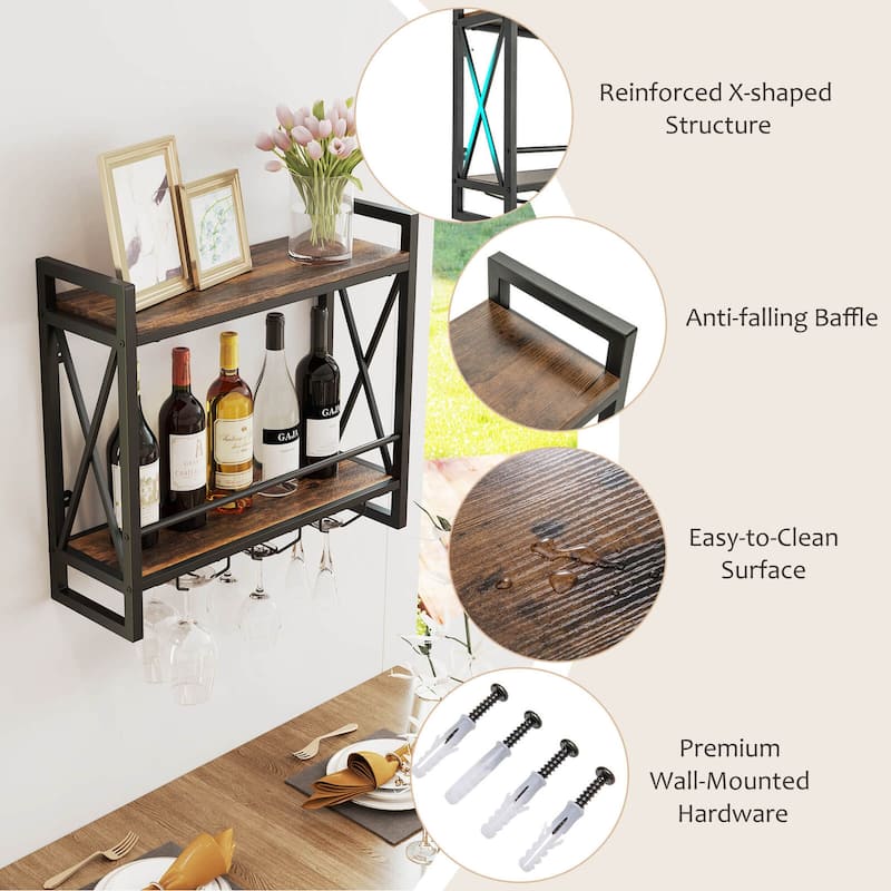 Costway Wall Mounted Wine Rack with 2-Tier Shelves 3 Glass Holders - See Details