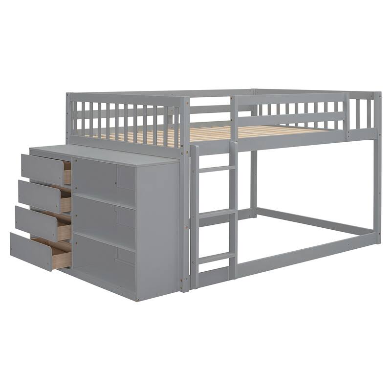 Full-Over-Full Bunk Bed with Storage Drawers and Shelves, Solid Pine Wood Frame