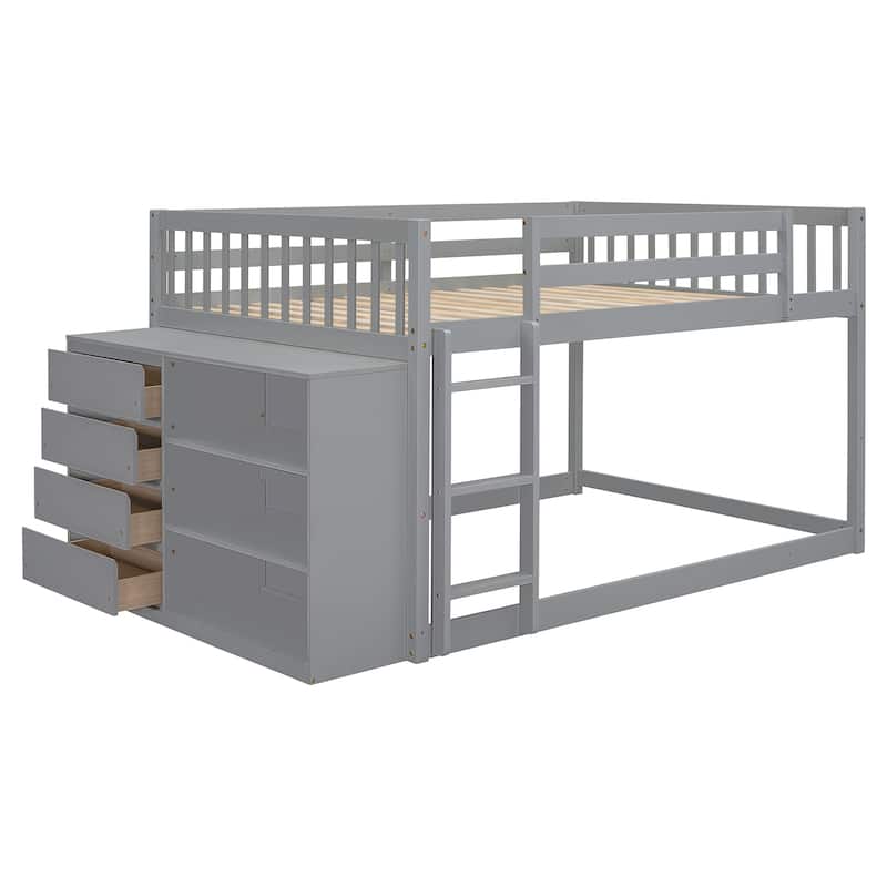 Wood Floor Bunk Bed w/ 4 Drawers, Convertible Side Cabinets & Ladders