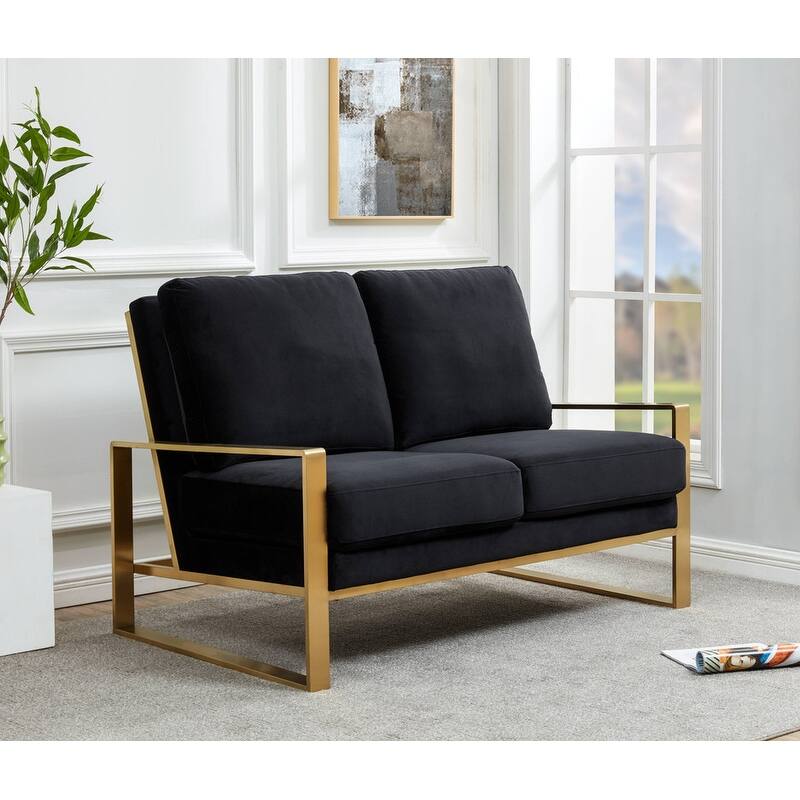 Jefferson Modern Two-Seater Velvet Loveseat with Brushed Gold Stainless Steel Base, Removable Cushions for Living Room or Lounge
