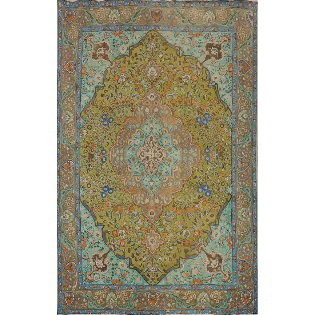 Hand Knotted Oriental 100% Wool Carpet Traditional Floral Green Tabriz Area Rug - 11' 1'' X 8' 2''