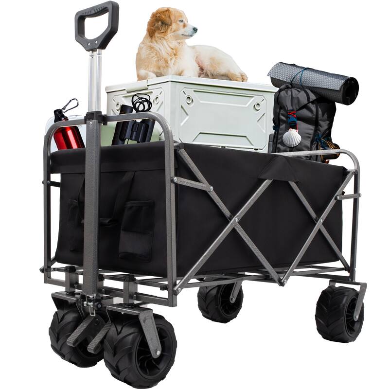 Collapsible Cart with Foot Brake, Large All-Terrain Wheels, Durable Alloy Frame, and Mesh Pocket for Easy Transport of Equipment - Black