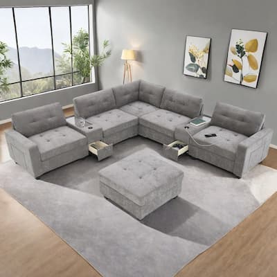 8-Piece Modular Chenille Sectional Sofa with Movable Ottoman, 2 Acrylic Top Consoles, Storage Drawers, Wireless & USB Charging