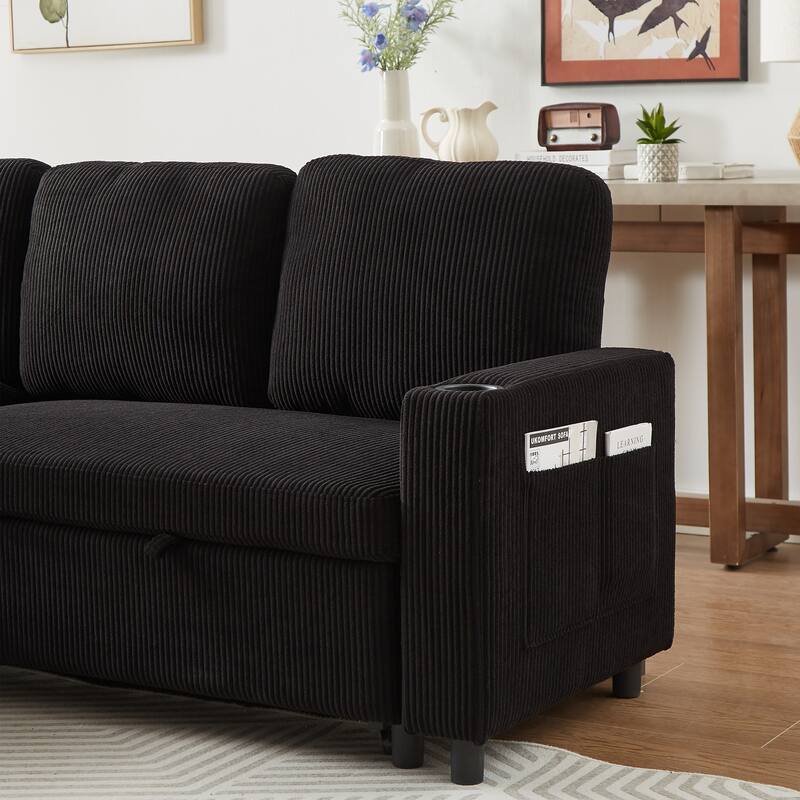Modern Corduroy Reversible Sleeper Sofa Bed with Pullout Bed, L-Shaped Combo Sofa for Tight Spaces, Living Room, and Office