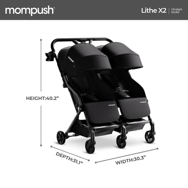 dimension image slide 1 of 2, Mompush Lithe Double Stroller, Lightweight Side by Side Stroller for Newborn and Toddler, Easy Fold, Spacious Seats with Recline