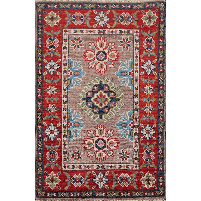 Geometric Kazak Oriental Accent Rug Hand-Knotted Wool Carpet - 2'0" x 3'0"