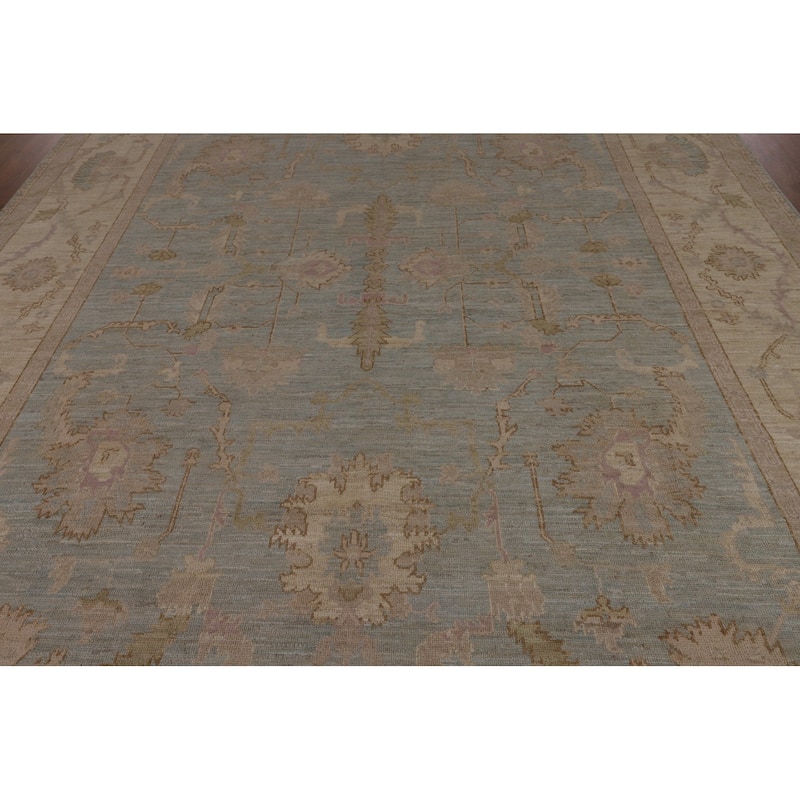 Floral Blue Oushak Turkish Area Rug Hand-Knotted Wool Carpet - 9'0"x 12'1"