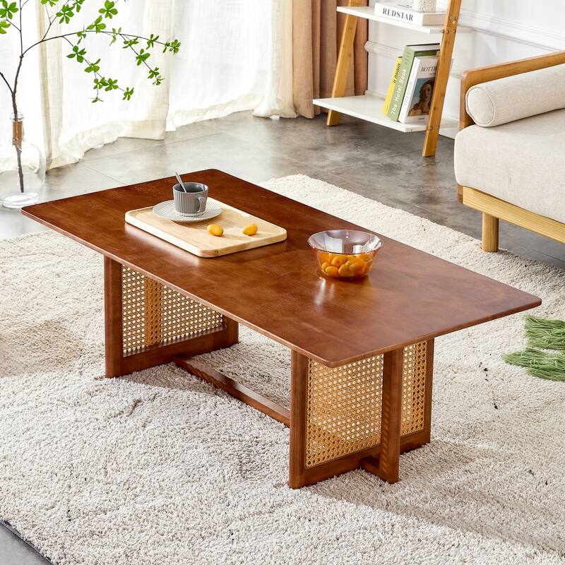 Chinese Log Style Imitation Rattan Walnut Color Coffee Table Rectangular Solid Wood Coffee Low Table, for Living Room Office