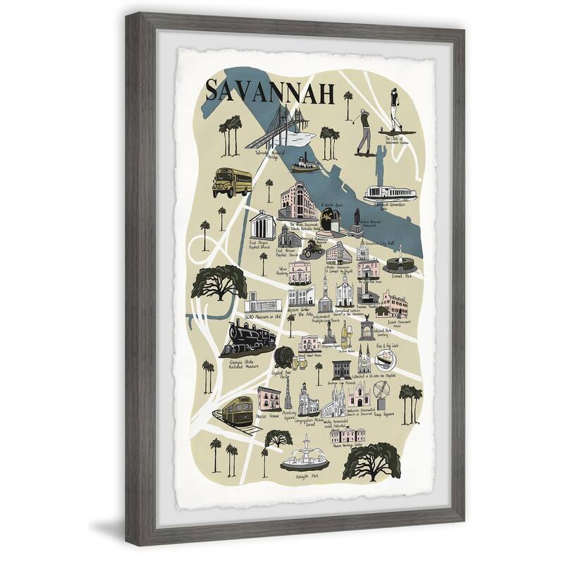 'Illustrated Map of Savannah' Framed Painting Print