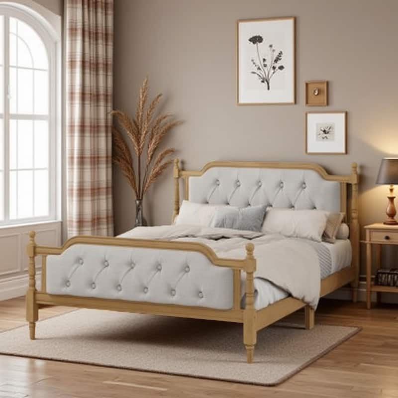 King Size Traditional Solid Wood Platform Bed with Upholstered Tufted Headboard, No Box Spring Needed