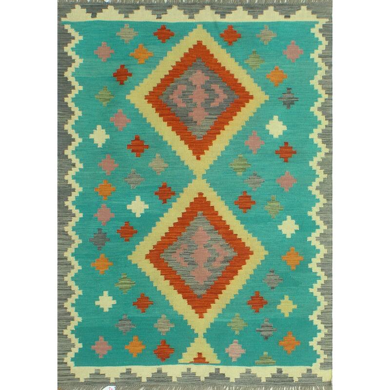 Sangat Flatweave Bachir Turquoise/Red Rug - 4'3" x 5'10"