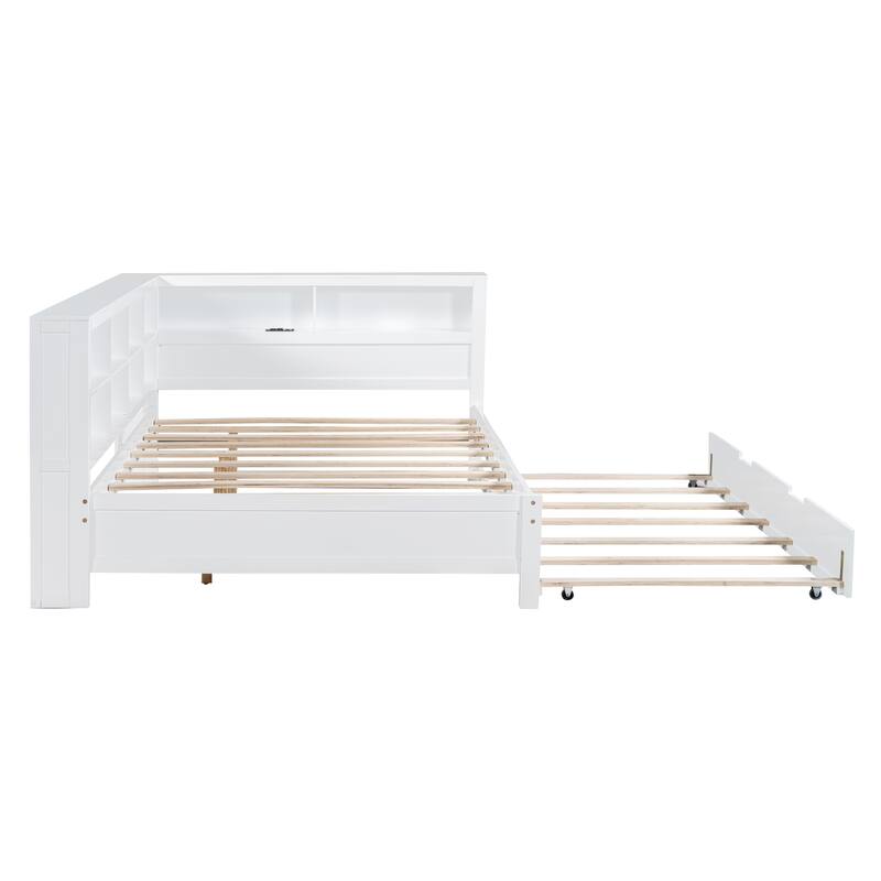 Wood Twin/Full Size DayBed with Twin Trundle, Storage Shelf and USB Charging Ports