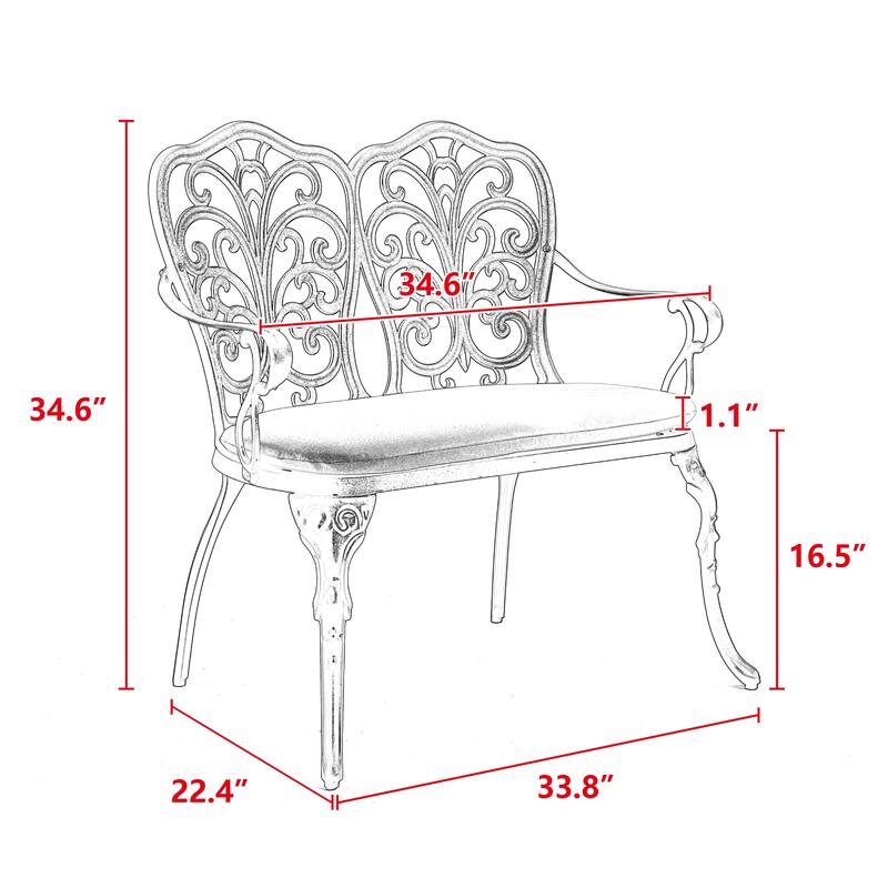 Cast Aluminum Outdoor Patio Bench with Floral Backrest Ergonomic Armrests Rust Resistant Garden Bench - 33.8" x 22.4" x 34.6"
