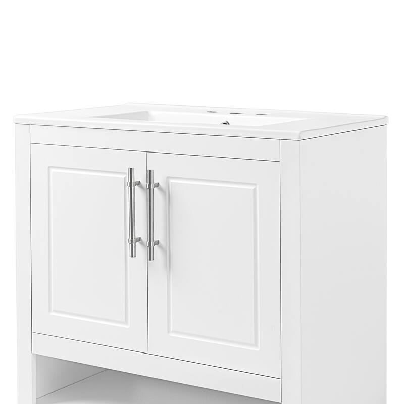 30-inch Freestanding Vanity for Bathroom with Sink, Storage Cabinet with 2 Built-in Drawers, Open Shelf and Silver Handles