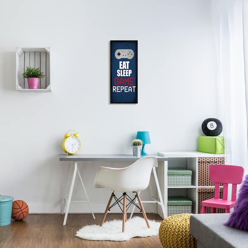 Stupell Eat Sleep Game Repeat Pixel Typography Vintage Controller Framed Wall Art - Blue