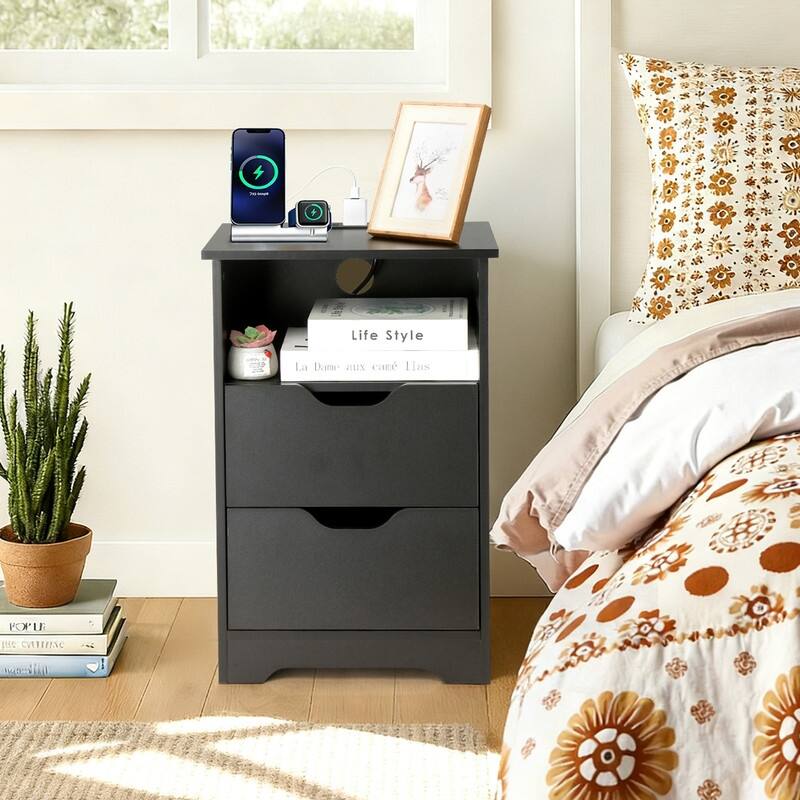 15.7"W Nightstand, P2 Particleboard, Matte Melamine, Handleless, 2 Drawers, US Outlet