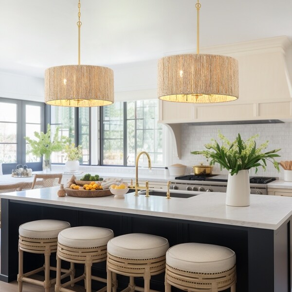 Jillian 4-Light Rattan Drum Chandelier Light with Brass Canopy