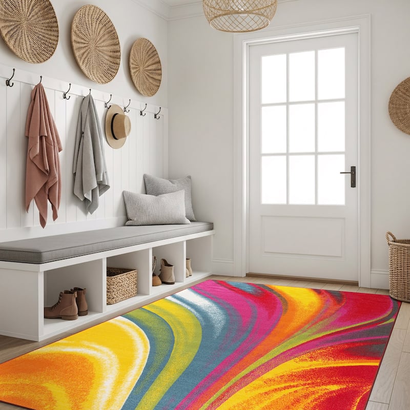 World Rug Gallery Modern Contemporary Waves Multicolored Non-slip Non-skid Area Rug