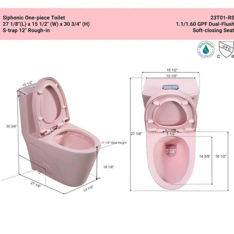 1.1/1.60 GPF Dual-Flush Elongated One Piece Toilet with Soft Close Seat - 27" x 16" x 31"