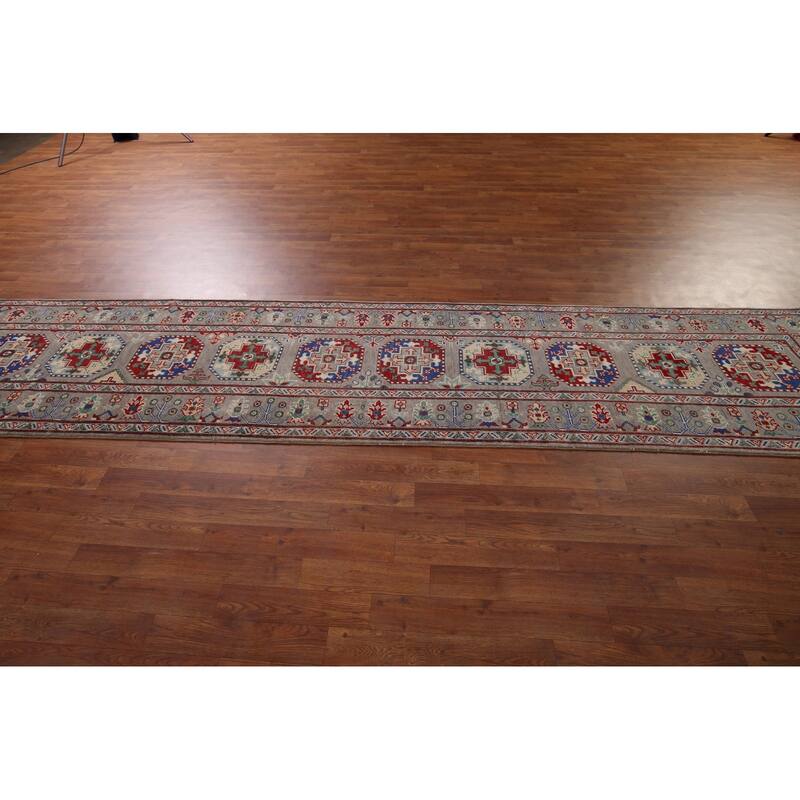 Geometric Kazak Runner Rug Handmade Hallway Wool Carpet - 2'7" x 12'10"