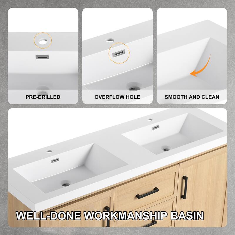 Beingnext 60" Bathroom Vanity with Double Sink, Freestanding Bathroom Vanity with 3 Drawers, 2 Doors and 2 Adjustable Shelves