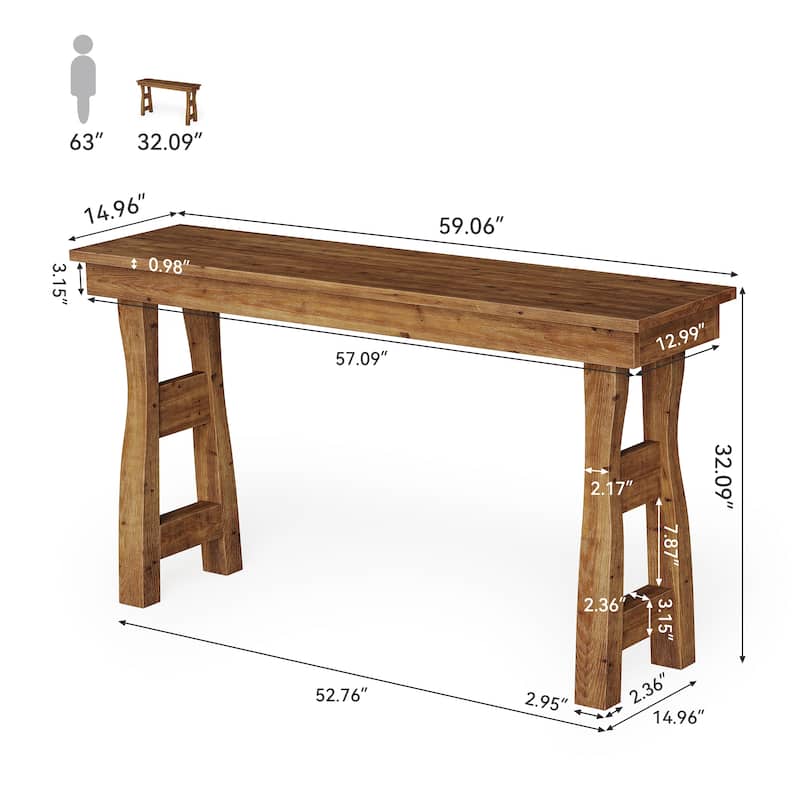 59" Solid Wood Console Table, Rustic Style Couch Tables Behind Sofa, Light Brown