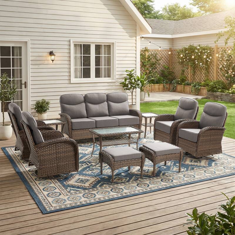 Pocassy Outdoor Sofa Swivel Chair and Ottman with Coffee Table - Brown Wicker Gray Cushion - 10-Piece Sofa Swivel Chiar Ottoman with Table