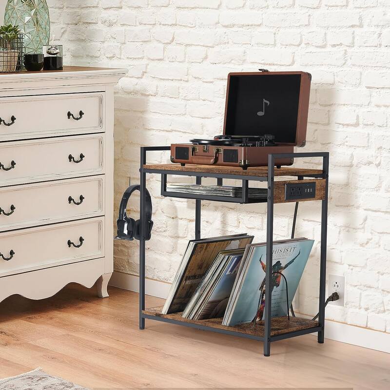 2 Tier Vinyl Record Player Table Stand with Charging Station